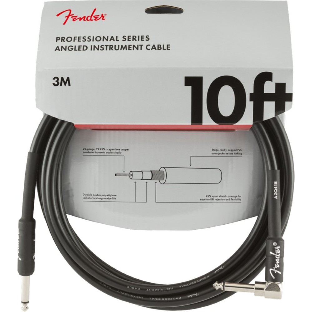 FENDER 10 FEAT Professional Series Instrument Cable Straight-Angle 10' Black - CAVO JACK PER CHITARRA  CON JACK A PIPA COLOR NERO 3 MT.
