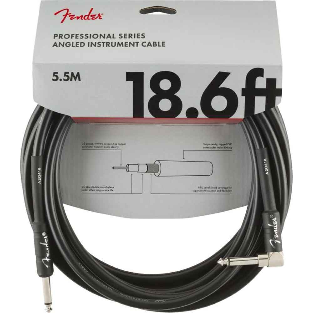 FENDER Professional Series Instrument Cable Straight/Angle 5,5 mt Black - CAVO AUDIO PER STRUMENTI JACK 6,3MM - JACK ANGOLATO 6,3MM 5,5 MT