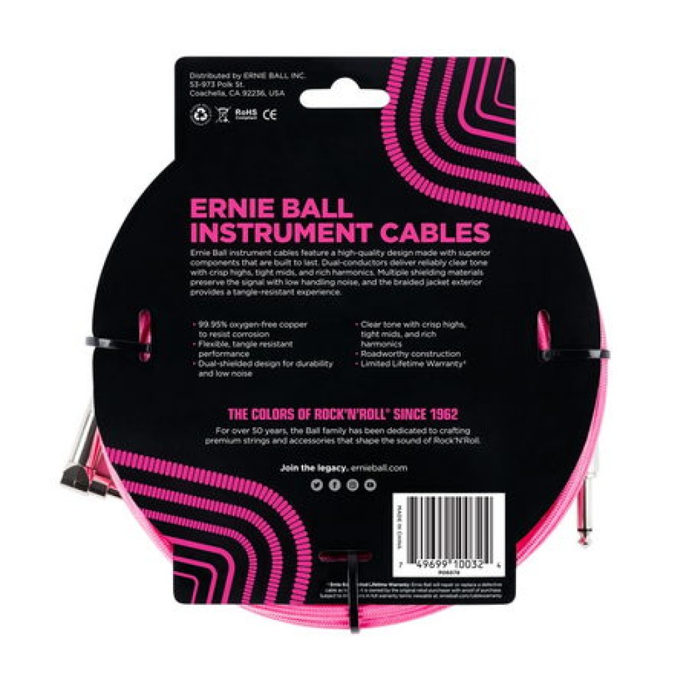 ERNIE BALL 6078 Braided Cable 10' Neon Pink - CAVO AUDIO PER STRUMENTI JACK DRITTO 6,35MM / JACK ANGOLATO 6,35 MM 3,05 METRI