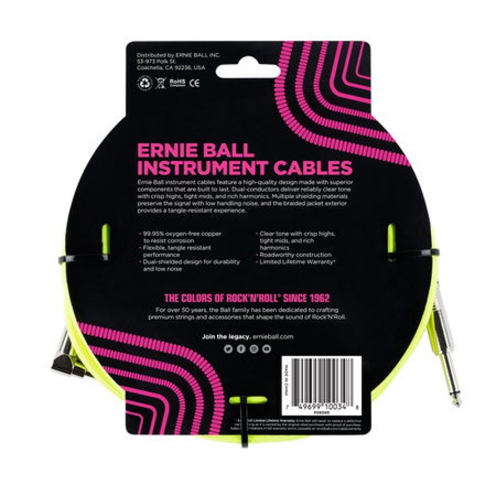 ERNIE BALL 6080 Braided Cable 10' Neon Yellow - CAVO AUDIO PER STRUMENTI JACK DRITTO 6,35MM / JACK ANGOLATO 6,35MM 3,05 METRI