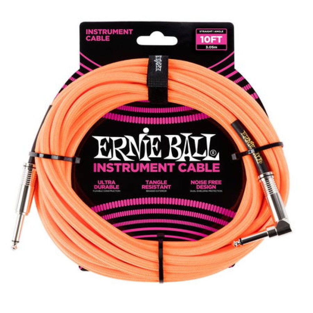 ERNIE BALL 6079 Braided Cable 10' Neon Orange - CAVO AUDIO PER STRUMENTI JACK DRITTO 6,35MM / JACK ANGOLATO 6,35MM 3,05 METRI