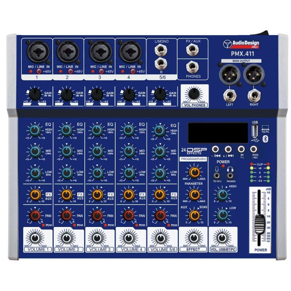 AUDIODESIGN PMX 411TK - MIXER 6 CANALI CON EFFETTI USB/BT E INGRESSO OTTICO TOSLINK