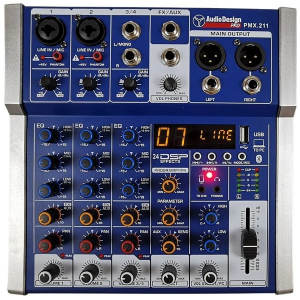 AUDIODESIGN PMX 211TK - MIXER 4 CANALI CON EFFETTI USB/BT E INGRESSO OTTICO TOSLINK
