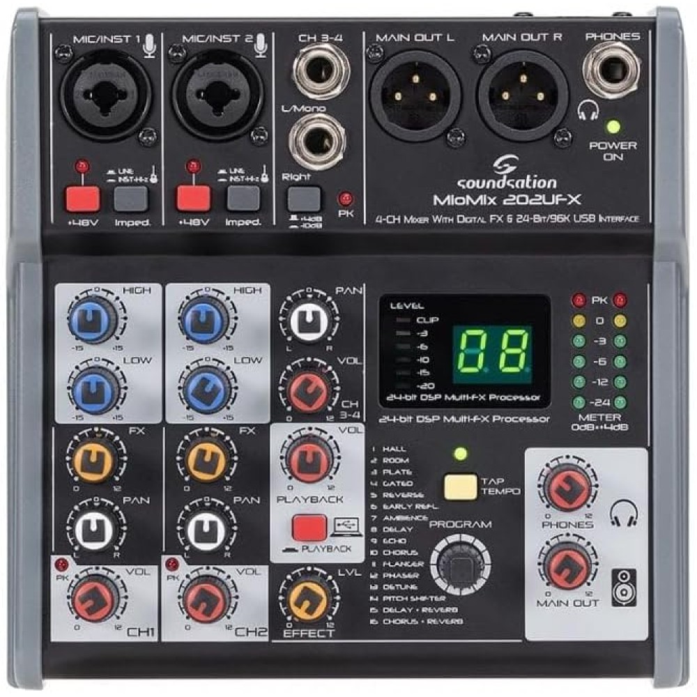 SOUNDSATION Miomix 202ufx - MIXER AUDIO PROFESSIONALE CON MULTIEFFETTO DIGITALE E INTERFACCIA AUDIO I/O USB FINO A 24 BIT E 96 KHZ