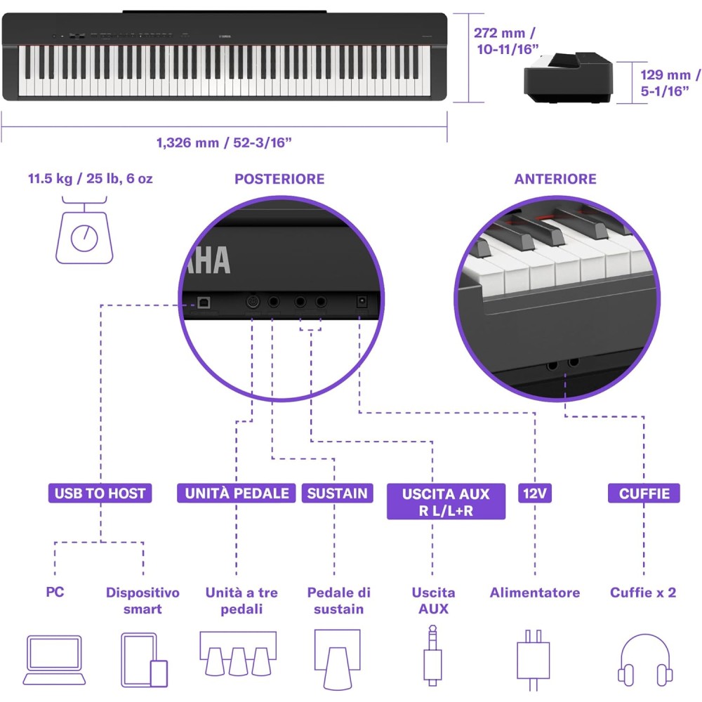 YAMAHA P 525B BLACK - PIANOFORTE DIGITALE 88 TASTI PESATI COLORE NERO