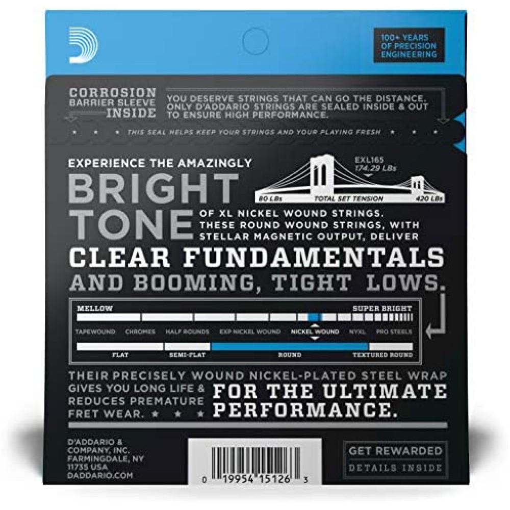 D'ADDARIO EXL165 Custom Light - MUTA CORDE PER BASSO ELETTRICO A SCALA LUNGA NICKEL WOUND 045/105