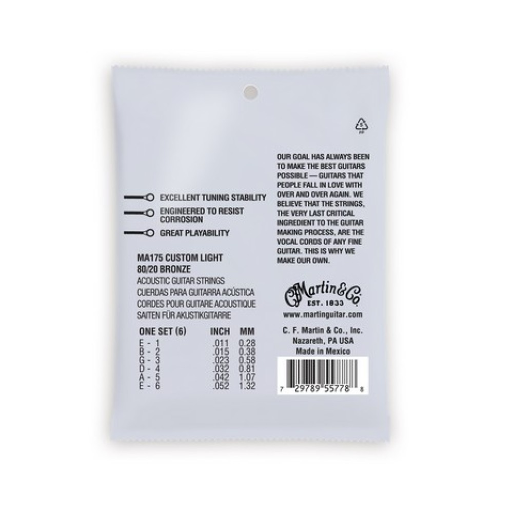 MARTIN MA175 Authentic SP 80/20 Bronze Custom Light - MUTA CORDE PER CHITARRA ACUSTICA CUSTOM LIGHT 011/052